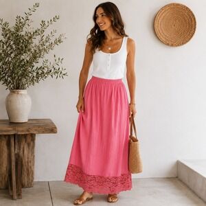 CHAUS 100% Linen Maxi Skirt Lace Trim Large Pink Country Cottagecore Side Slits